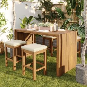 5 Piece Outdoor Bar Set, Patio Acacia Wood Bar Height Table & Four Stools with Cushions, Wood Dining Bar Set for Backyard, Poolside, Balcony, Bei